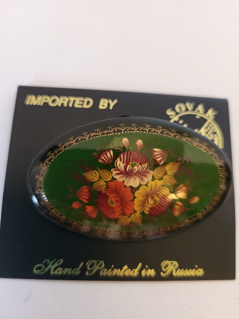 Hand-Painted Russian Floral Lacquer Brooch NWT